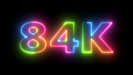 Vibrant glowing 84K neon sign colorful number isolated on black background for celebrations