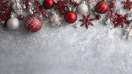 christmas holiday border with red and silver ornaments concept of festive decoration seasonal greeting holiday celebration christmas festive background banner with copy space
