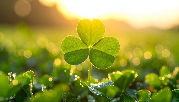 Close up of a vibrant green clover plant with dewdrops glistening in the soft morning sunlight