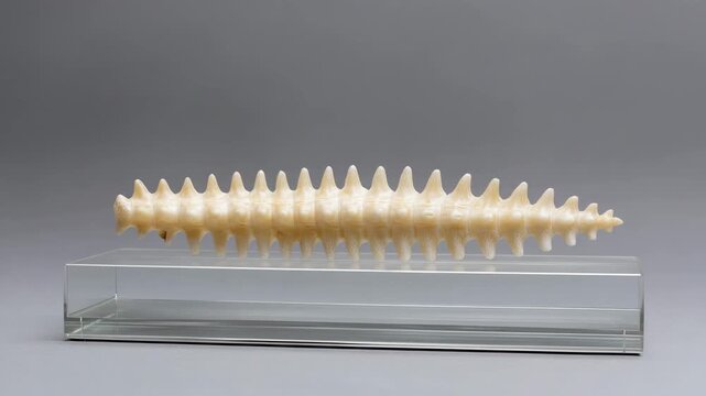 Spiky white seashell with elongated shape and natural texture displayed clear glass stand, isolated gray background, marine object with unique pattern, decorative oceanic specimen, elegant and calm