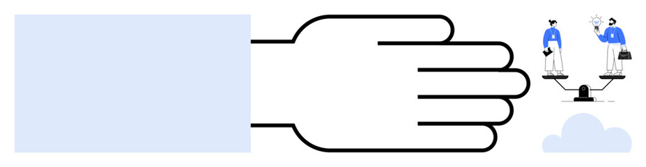 Large guiding hand supports balanced scales featuring two people in blue attire interacting. Ideal for equality, fairness, decision-making, business, justice, leadership, teamwork. Simple flat
