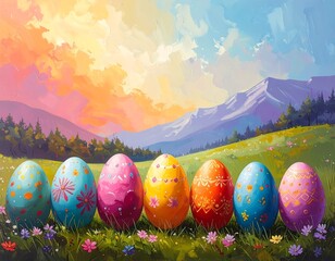 Colorful Easter eggs on a hillside at sunrise