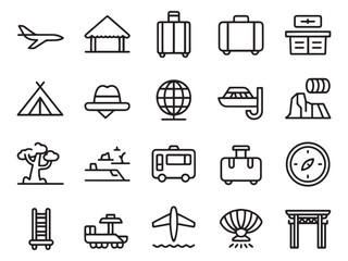 A collection of travel-related icons including airplane, suitcase, tent, and compass.