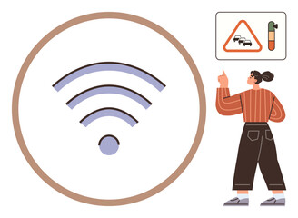 Naklejka na ściany i meble wireless signal strength icon with woman observing and pointing at traffic alert sign. Ideal for technology, connectivity, communication, road safety, analysis, problem-solving, digital tools. Simple Naklejka na ściany i meble wireless signal strength icon with woman observing and pointing at traffic alert sign. Ideal for technology, connectivity, communication, road safety, analysis, problem-solving, digital tools. Simple