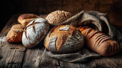 variety of artisanal breads displayed on rustic wooden surface