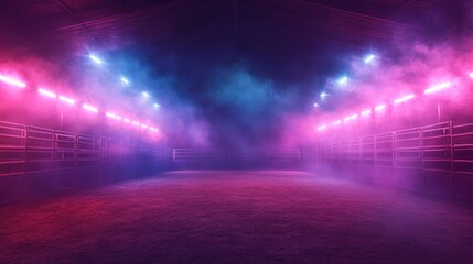 Rodeo Arena Lit by Neon Lights and Smoke