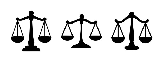 Three silhouette balance scales symbols representing justice law fairness equity judgment and decision making