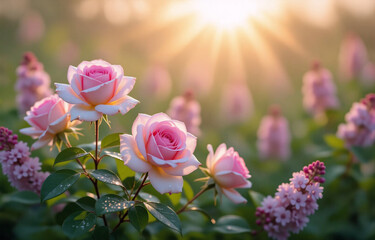 Fototapeta premium Sunlight streams through delicate pink roses and lilac blossoms in a vibrant garden. The scene is peaceful and idyllic, showcasing the beauty of nature at sunrise.