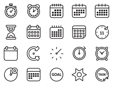 Various time management and scheduling icons including clocks, calendars, and timers.