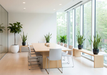 Sunlit modern office meeting room interior featuring a large table, plants, and expansive windows, fostering a professional and collaborative atmosphere