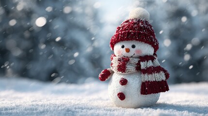 christmas snowman with a red hat and scarf standing in winter snowfall landscape new year holiday decoration for greeting card and banner