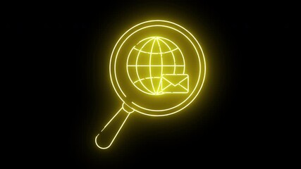 A neon yellow magnifying glass focuses on a globe with an envelope icon against a stark black backdrop - Powered by Adobe