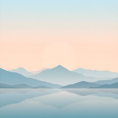 Fototapeta premium A landscape depicting a softly gradated sky, pastel-toned mountains, and calm waters.