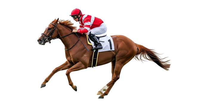 brown racehorse with jockey wearing red and white silks number 1, cutout, PNG isolated on white or transparent background