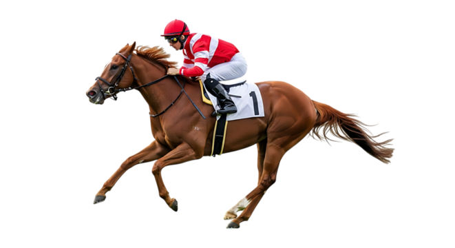 brown racehorse with jockey wearing red and white silks number 1, cutout, PNG isolated on white or transparent background