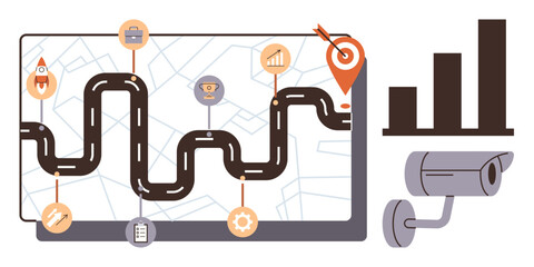 Roadmap with checkpoints, graphs showing growth, and a security camera. Ideal for planning, growth, analytics, strategy, monitoring goal setting and business security. A simple flat metaphor