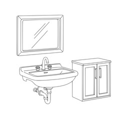 Bathroom Sink with Mirror and Cabinet Line Art Illustration.