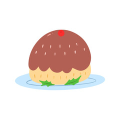 Cute Hand-Drawn Christmas Pudding Illustration with Chocolate Icing Cherry and Holly Leaves