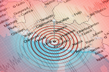 A needle into peru political map with an earth waves and a seismograph lines in an eartquake composition background