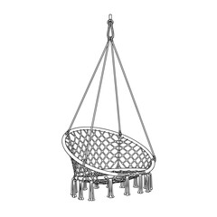 Handdrawn illustration of a macrame hanging chair with tassels.