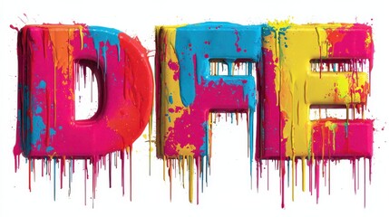 graffitistyle letters d e and f are splashed with vibrant neon paint dripping down the sides against a stark white background