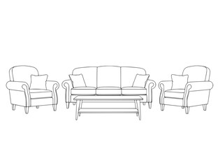 Line art drawing of a sofa two armchairs and a coffee table.