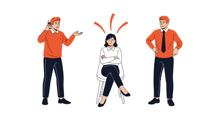 Frustrated businesswoman sits calmly as colleagues argue around her, capturing workplace tension and communication breakdown dynamics.