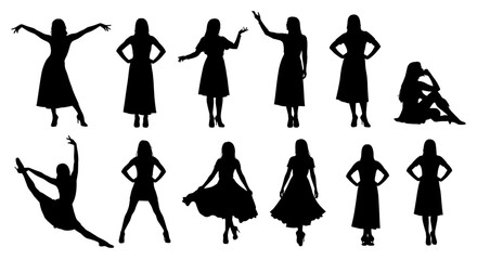 Fototapeta premium Dynamic female silhouettes showcase elegant poses, graceful movements, and stylish fashion for diverse creative projects.