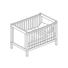 Line art illustration of a wooden baby crib with bedding.