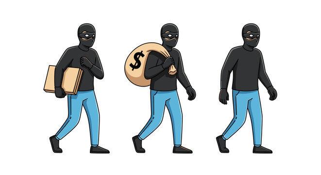 Sneaky thief in disguise carrying stolen goods and money bag, illustrating crime and security concepts with playful cartoon style