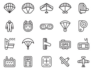 A collection of skydiving-related icons, showcasing equipment and gear in minimalist line art.