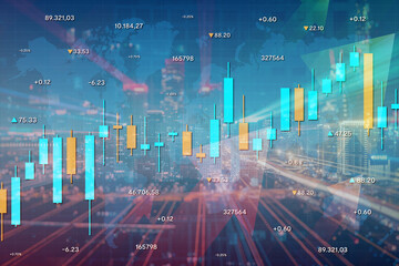 An stock market composition with finance elements like arrows and wall street graphics with a futuristic city