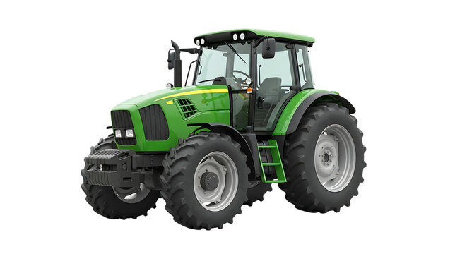 green agricultural tractor with large tires and cab, cutout, PNG isolated on white or transparent background