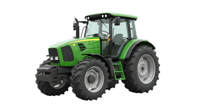 green agricultural tractor with large tires and cab, cutout, PNG isolated on white or transparent background