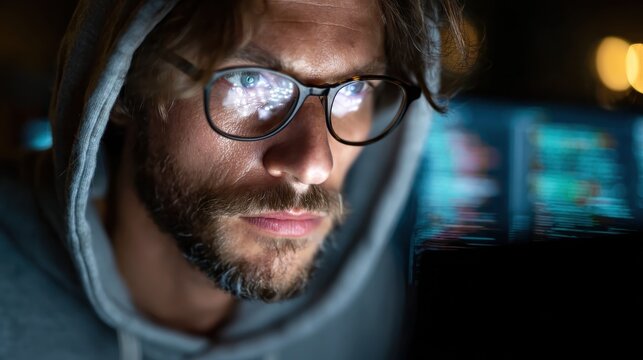 intense male programmer engaged in coding emphasizing his role as a cybersecurity specialist focused on networking and malware defense