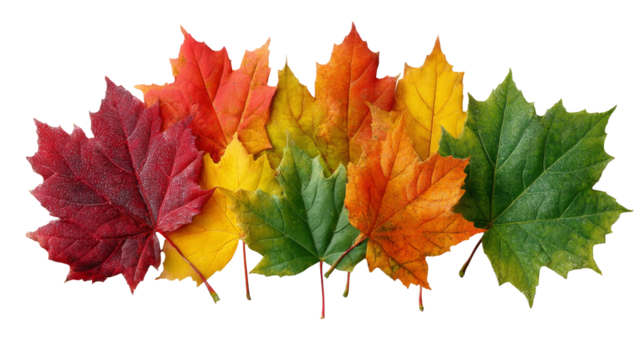 A row of diverse autumn maple leaves displays a vibrant gradient of colors from deep red to green.