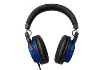 Professional overhead headphones with blue earcups isolating sound for an immersive listening experience, transparent background