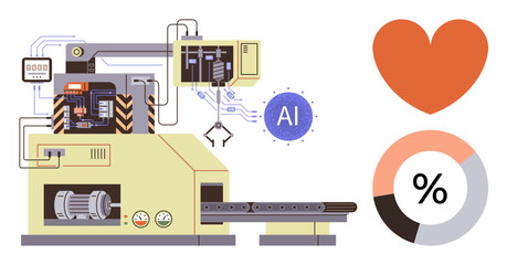 Fototapeta premium Industrial machine with AI integration, robotic arm, heart symbol, and data chart. Ideal for automation, innovation, technology, productivity, analytics efficiency and sustainability in a simple