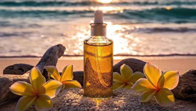 Golden body oil bottle on sandy beach at sunset with warm natural lighting, Luxury skincare product scene in 2k resolution, elegant coastal lifestyle video