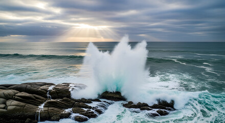 Dramatic Ocean Waves Crashing Against Rocky Coastline Under Cloudy Sky at Sunrise with Glimmers of Light Reflecting on Water Surface