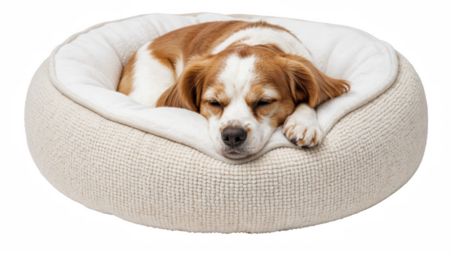 Cute Dog Sleeping in Soft Round Bed Isolated on White Background