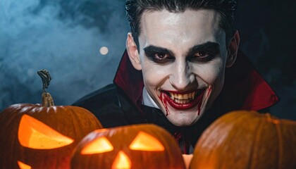 A young male vampire in a dark, eerie Halloween setting, wearing a gothic costume with a black cloak and pale make-up.
