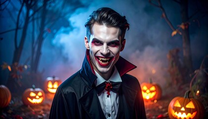 A young male vampire in a dark, eerie Halloween setting, wearing a gothic costume with a black cloak and pale make-up.