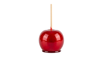 shiny red candy apple on a wooden stick with a glossy coating, cutout, PNG isolated on white or transparent background