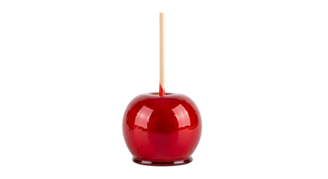 shiny red candy apple on a wooden stick with a glossy coating, cutout, PNG isolated on white or transparent background