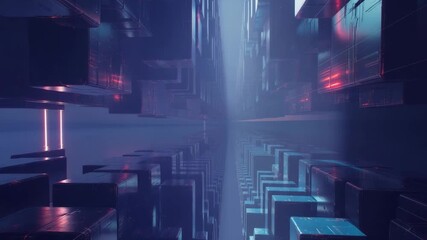 Abstract futuristic tunnel with glowing cubes and neon lights in dark blue - Powered by Adobe