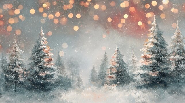 whimsical vintage watercolor painting of snow covered pine trees in a festive winter forest scene with a bokeh of sparkling red and gold lights at the top