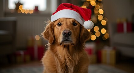 Adorable Golden Retriever Dog Wearing a Santa Hat for Christmas.