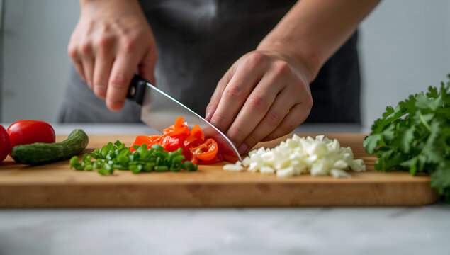 Hands chopping fresh vegetables on a wooden cutting board for cooking a healthy meal - Powered by Adobe