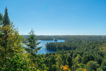 Majestic Algonquin Park wilderness landscape with sunlight over forested hills and lakes.